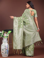 Shree Shyam Fashion Elegant Light Green Linen Cotton Saree with Silver Zari - Perfect Blend of Comfort & Charm | Grocsy