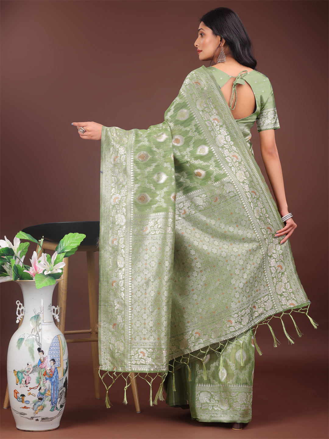 Shree Shyam Fashion Elegant Light Green Linen Cotton Saree with Silver Zari - Perfect Blend of Comfort & Charm | Grocsy