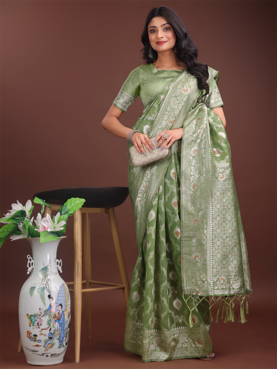 Shree Shyam Fashion Elegant Light Green Linen Cotton Saree with Silver Zari - Perfect Blend of Comfort & Charm | Grocsy