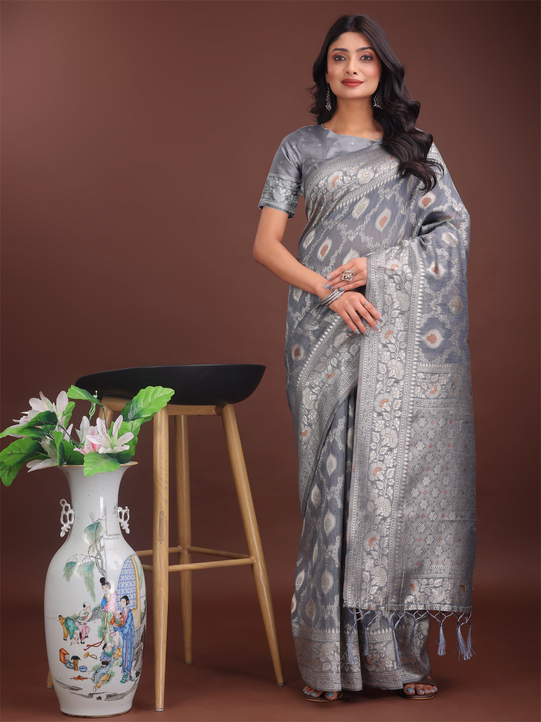 Shree Shyam Fashion Elegant Grey Linen Cotton Saree with Silver Zari - Perfect Blend of Comfort & Charm | Grocsy