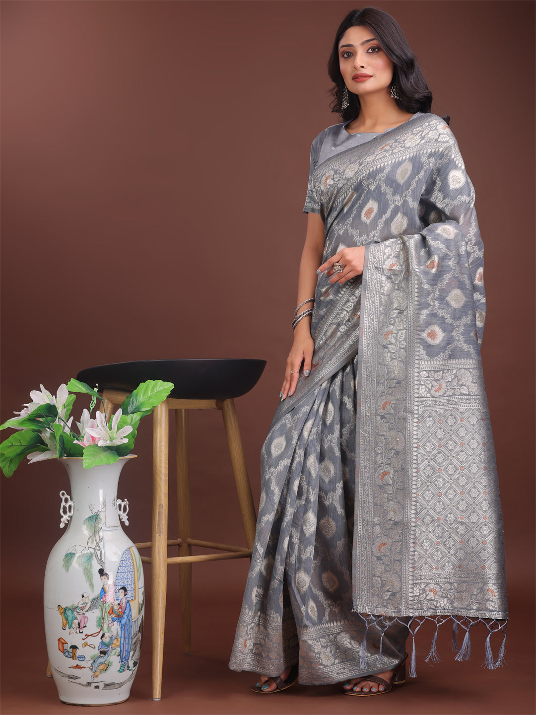 Shree Shyam Fashion Elegant Grey Linen Cotton Saree with Silver Zari - Perfect Blend of Comfort & Charm | Grocsy