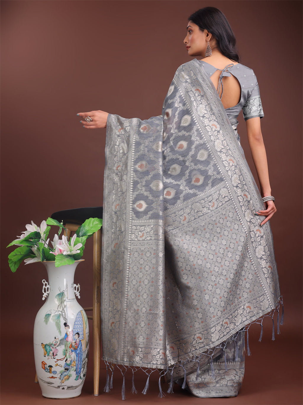 Shree Shyam Fashion Elegant Grey Linen Cotton Saree with Silver Zari - Perfect Blend of Comfort & Charm | Grocsy