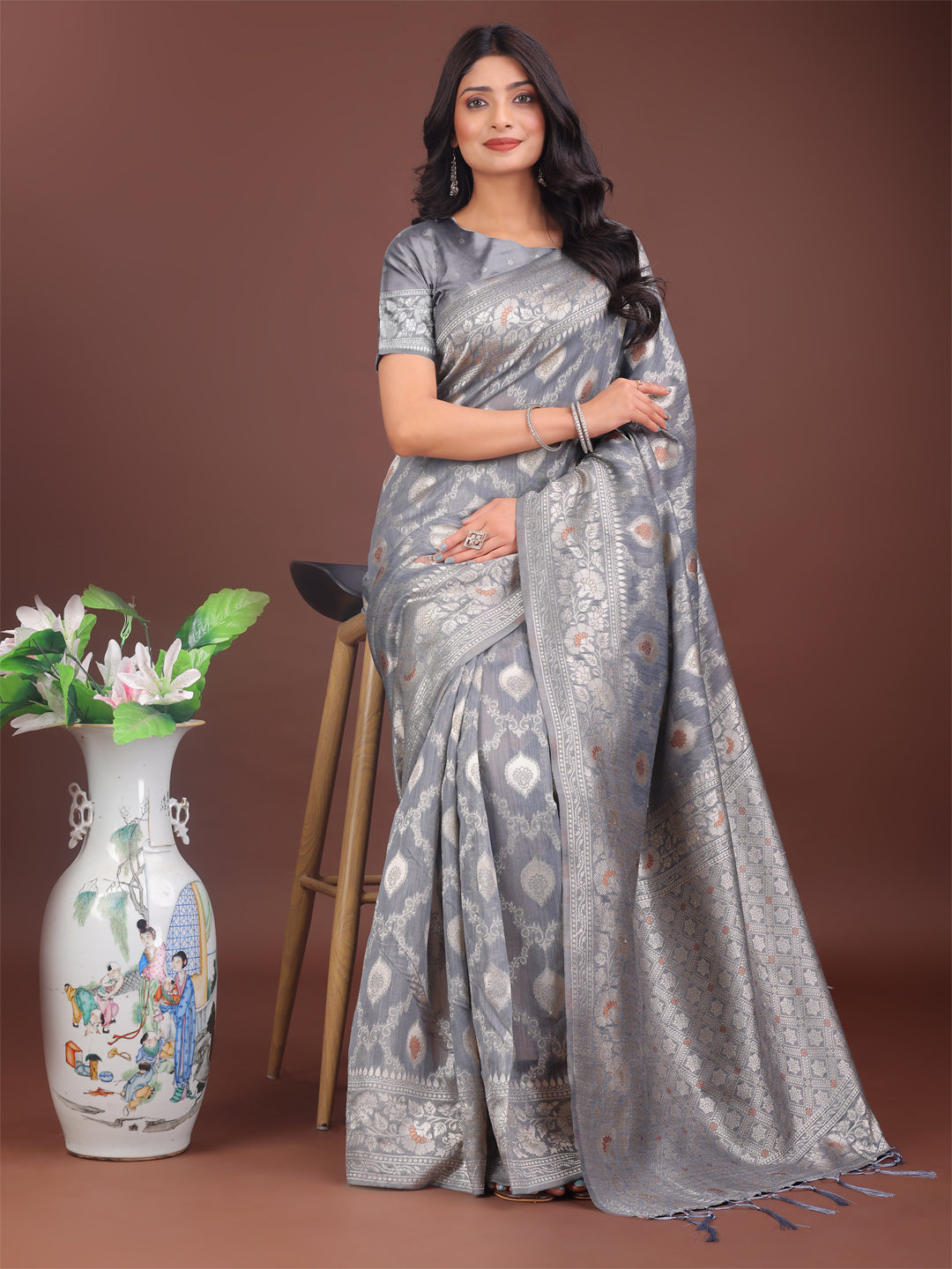Shree Shyam Fashion Elegant Grey Linen Cotton Saree with Silver Zari - Perfect Blend of Comfort & Charm | Grocsy
