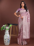 Shree Shyam Fashion Elegant Purple Linen Cotton Saree with Silver Zari - Perfect Blend of Comfort & Charm | Grocsy