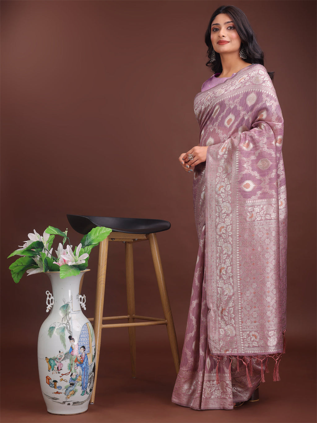 Shree Shyam Fashion Elegant Purple Linen Cotton Saree with Silver Zari - Perfect Blend of Comfort & Charm | Grocsy