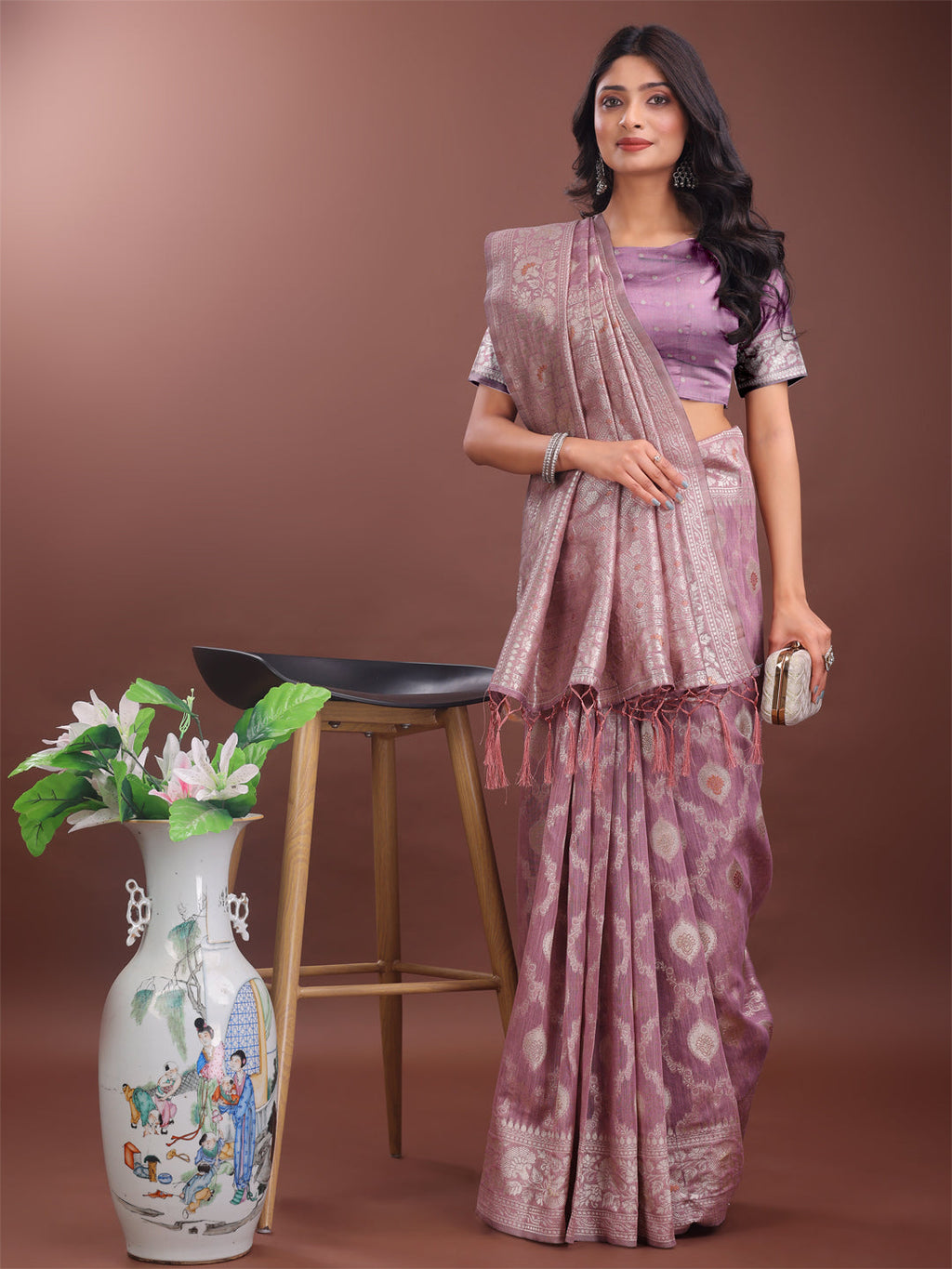 Shree Shyam Fashion Elegant Purple Linen Cotton Saree with Silver Zari - Perfect Blend of Comfort & Charm | Grocsy
