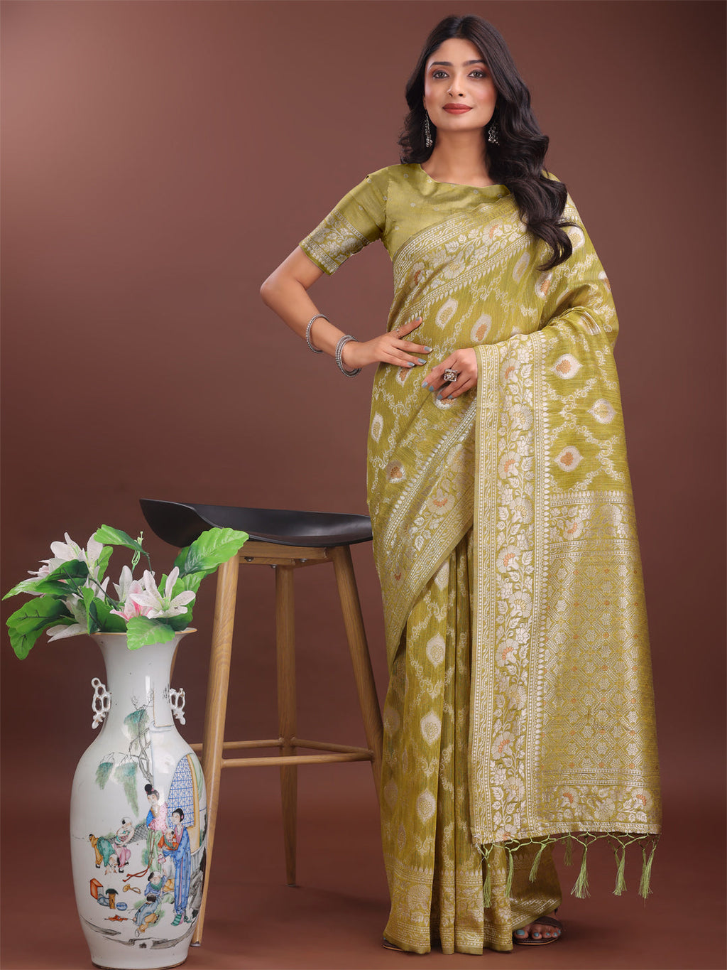 Shree Shyam Fashion Elegant Mustard Linen Cotton Saree with Silver Zari - Perfect Blend of Comfort & Charm | Grocsy