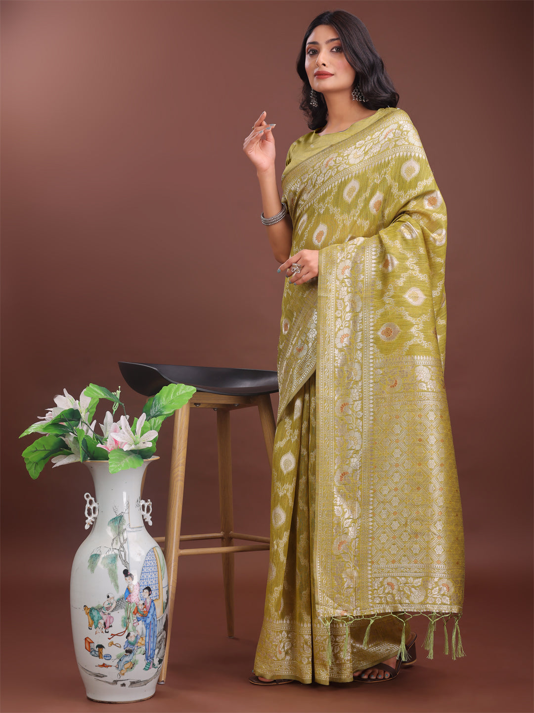 Shree Shyam Fashion Elegant Mustard Linen Cotton Saree with Silver Zari - Perfect Blend of Comfort & Charm | Grocsy