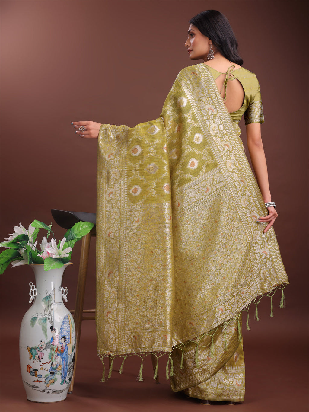 Shree Shyam Fashion Elegant Mustard Linen Cotton Saree with Silver Zari - Perfect Blend of Comfort & Charm | Grocsy