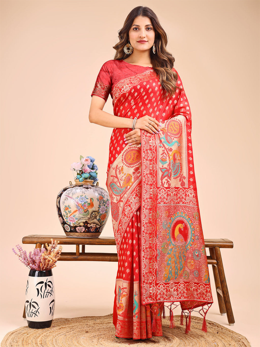 Shree Shyam Fashion Majestic Red Linen Cotton Saree with Royal Peacock Pallu - A Celebration of Heritage and Grace | Grocsy