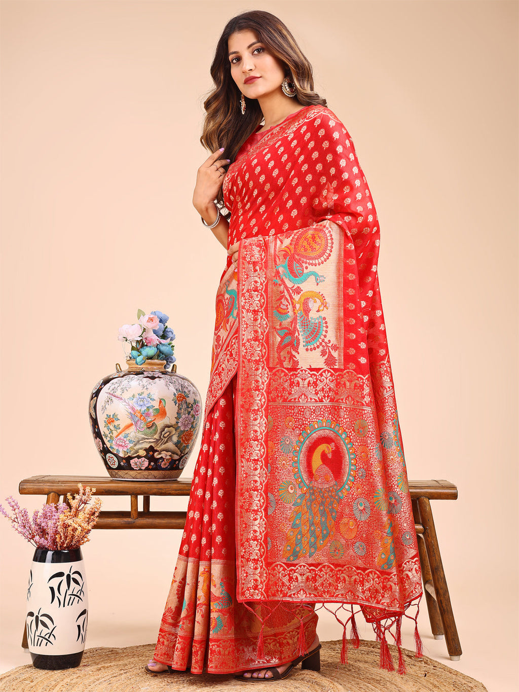 Shree Shyam Fashion Majestic Red Linen Cotton Saree with Royal Peacock Pallu - A Celebration of Heritage and Grace | Grocsy