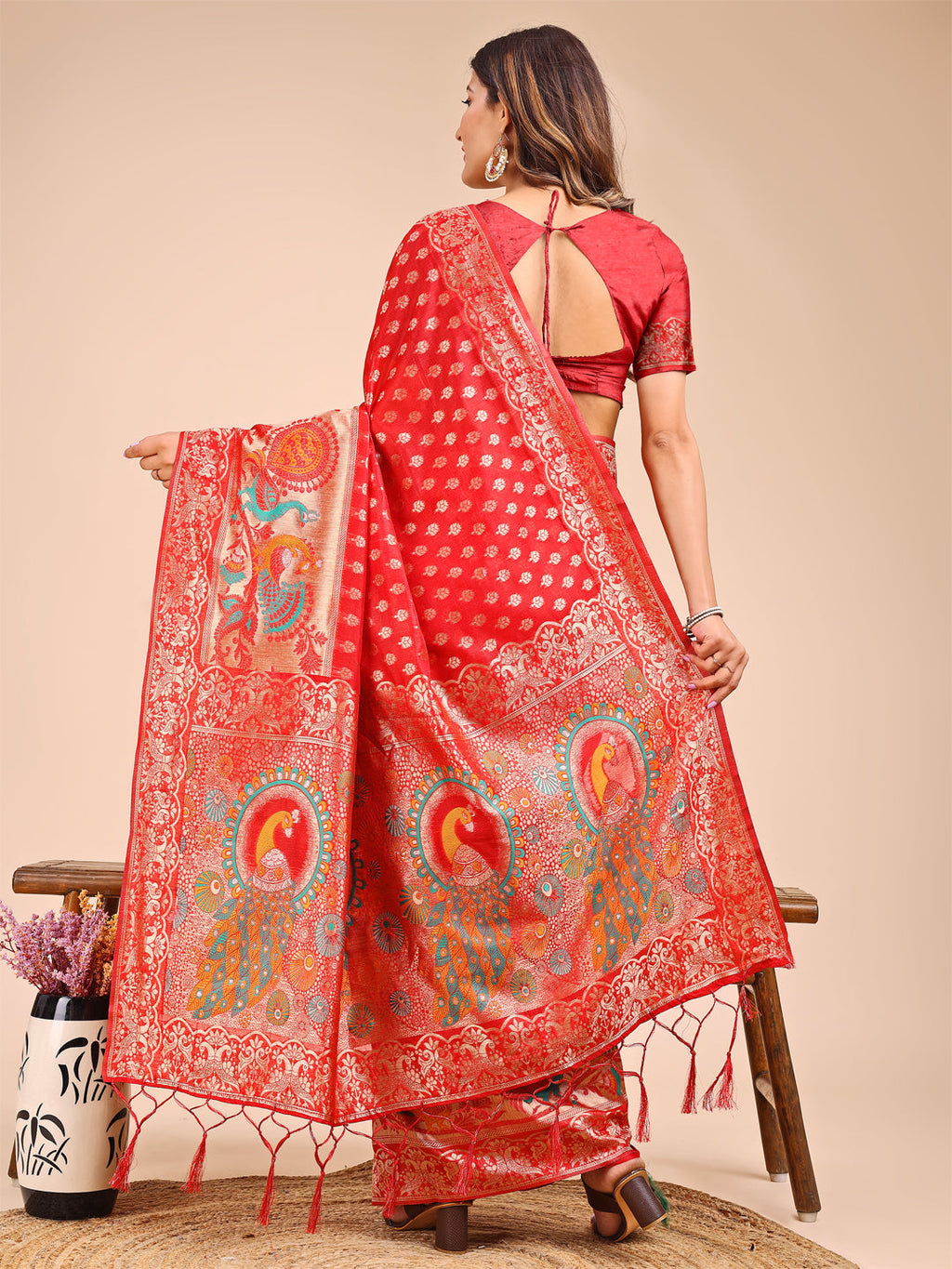 Shree Shyam Fashion Majestic Red Linen Cotton Saree with Royal Peacock Pallu - A Celebration of Heritage and Grace | Grocsy
