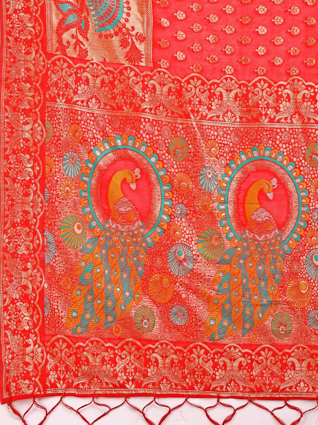 Shree Shyam Fashion Majestic Red Linen Cotton Saree with Royal Peacock Pallu - A Celebration of Heritage and Grace | Grocsy