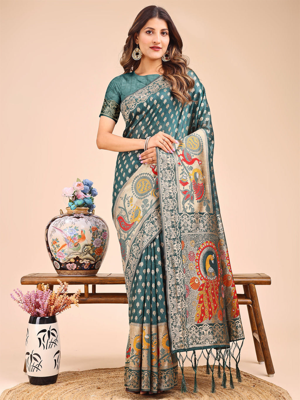 Shree Shyam Fashion Majestic Green Linen Cotton Saree with Royal Peacock Pallu - A Celebration of Heritage and Grace | Grocsy