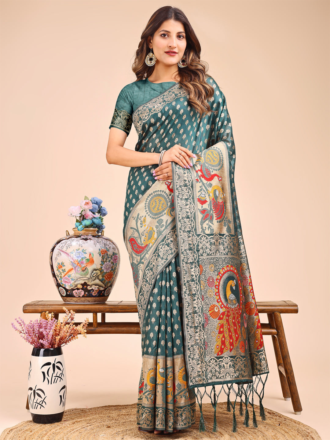 Shree Shyam Fashion Majestic Green Linen Cotton Saree with Royal Peacock Pallu - A Celebration of Heritage and Grace | Grocsy