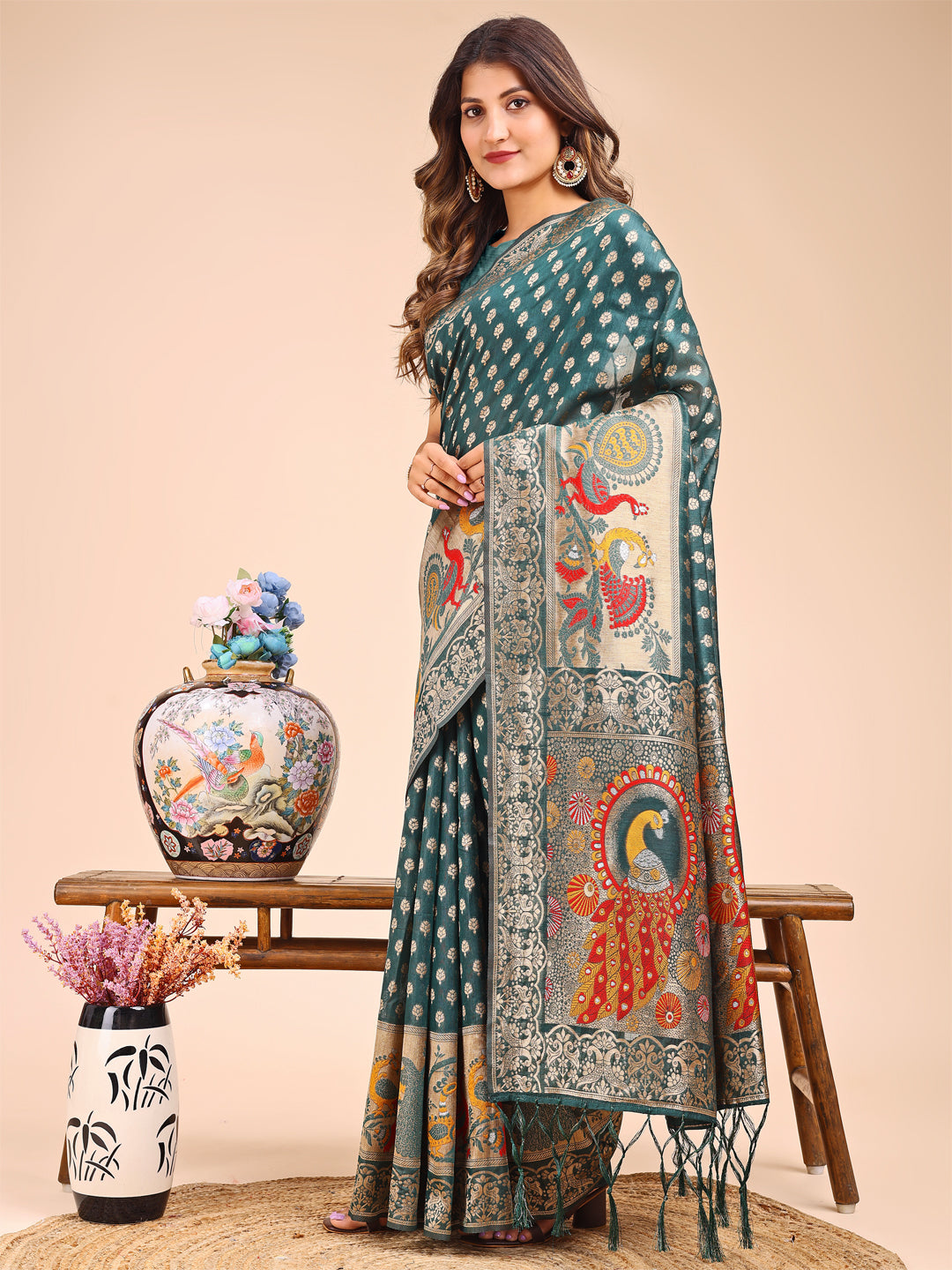 Shree Shyam Fashion Majestic Green Linen Cotton Saree with Royal Peacock Pallu - A Celebration of Heritage and Grace | Grocsy