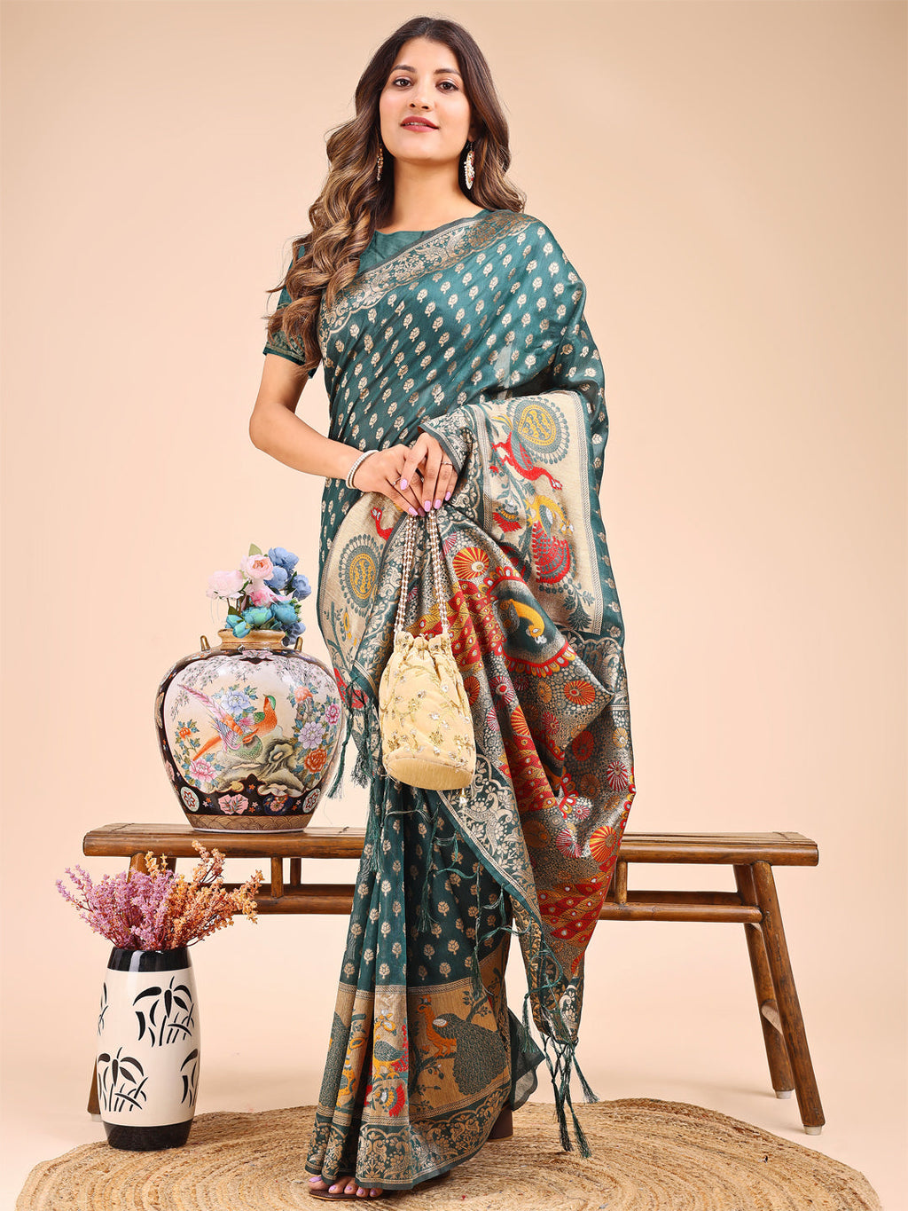 Shree Shyam Fashion Majestic Green Linen Cotton Saree with Royal Peacock Pallu - A Celebration of Heritage and Grace | Grocsy