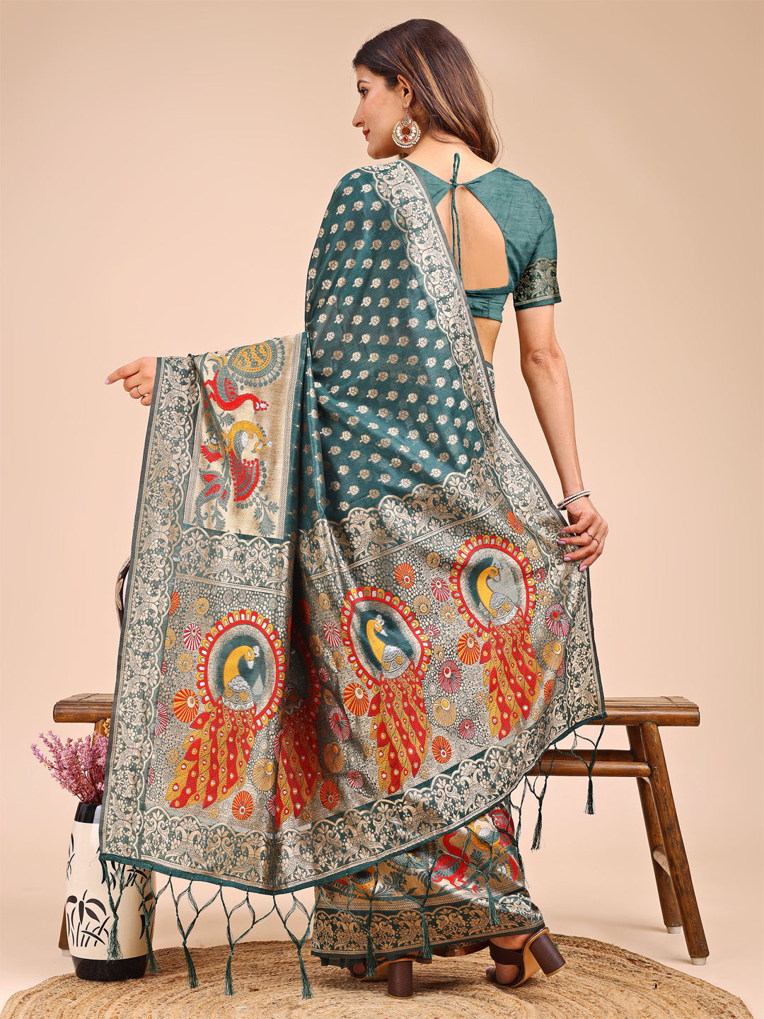 Shree Shyam Fashion Majestic Green Linen Cotton Saree with Royal Peacock Pallu - A Celebration of Heritage and Grace | Grocsy