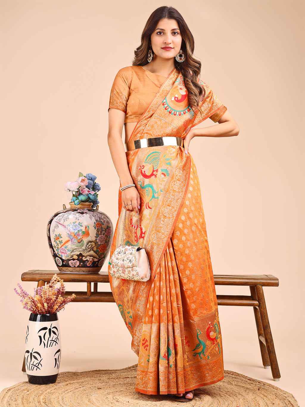 Shree Shyam Fashion Majestic Mustard Linen Cotton Saree with Royal Peacock Pallu - A Celebration of Heritage and Grace | Grocsy