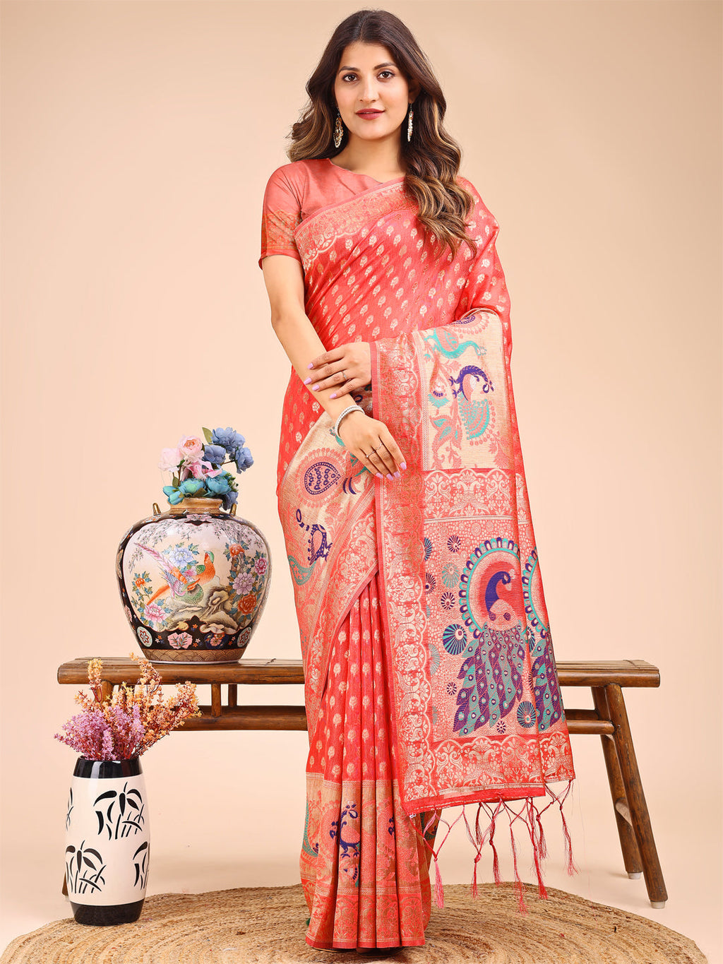 Shree Shyam Fashion Majestic Peach Linen Cotton Saree with Royal Peacock Pallu - A Celebration of Heritage and Grace | Grocsy