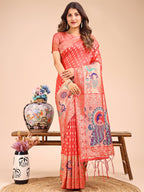 Shree Shyam Fashion Majestic Peach Linen Cotton Saree with Royal Peacock Pallu - A Celebration of Heritage and Grace | Grocsy