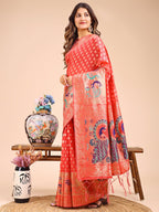 Shree Shyam Fashion Majestic Peach Linen Cotton Saree with Royal Peacock Pallu - A Celebration of Heritage and Grace | Grocsy