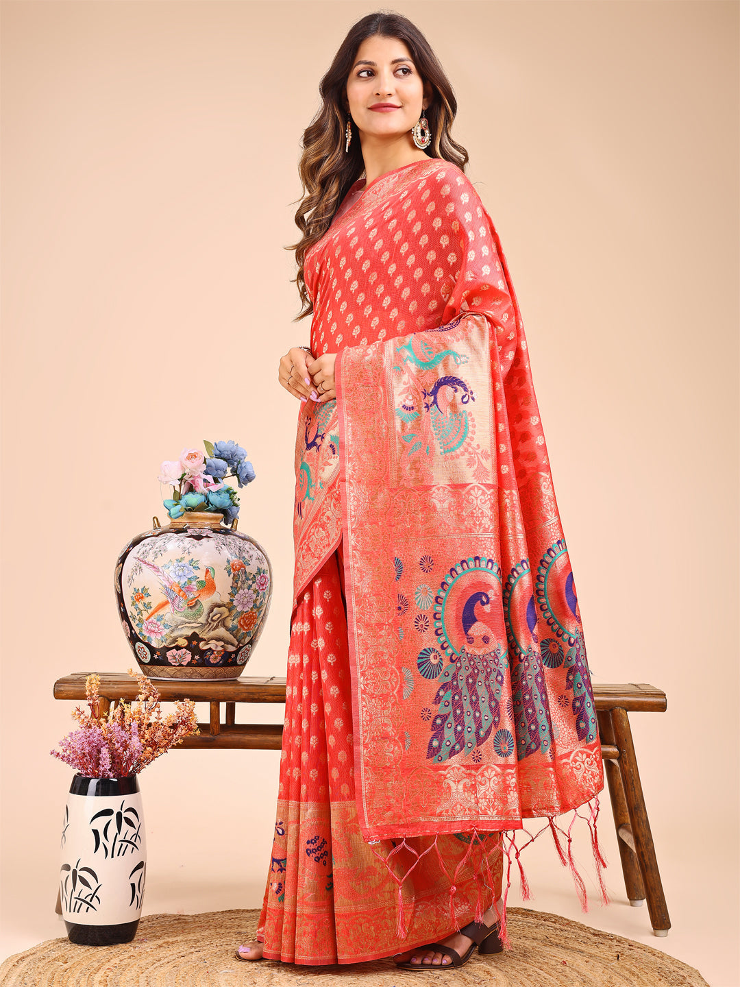Shree Shyam Fashion Majestic Peach Linen Cotton Saree with Royal Peacock Pallu - A Celebration of Heritage and Grace | Grocsy