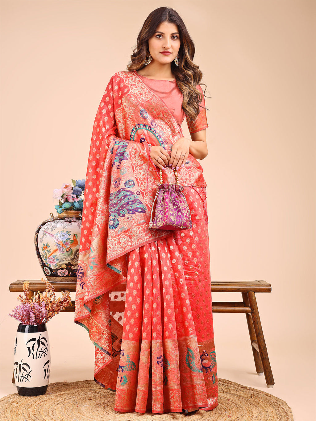 Shree Shyam Fashion Majestic Peach Linen Cotton Saree with Royal Peacock Pallu - A Celebration of Heritage and Grace | Grocsy