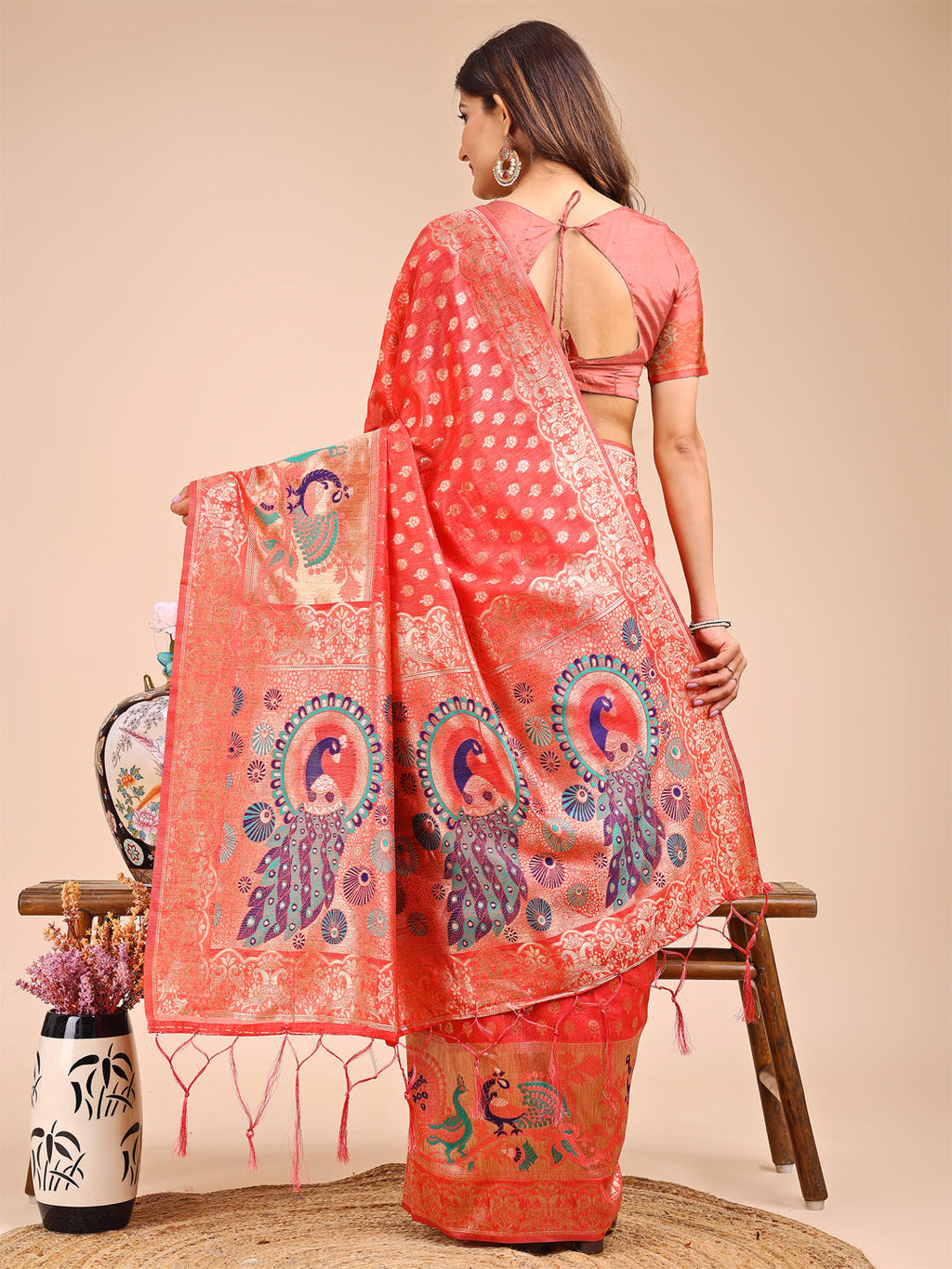 Shree Shyam Fashion Majestic Peach Linen Cotton Saree with Royal Peacock Pallu - A Celebration of Heritage and Grace | Grocsy