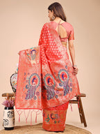 Shree Shyam Fashion Majestic Peach Linen Cotton Saree with Royal Peacock Pallu - A Celebration of Heritage and Grace | Grocsy