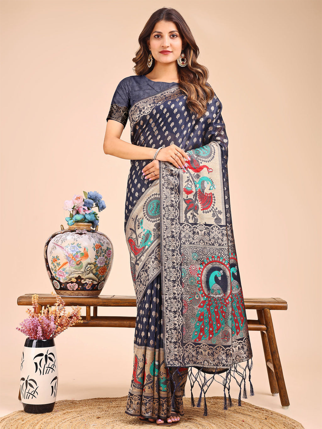 Shree Shyam Fashion Majestic Navy Blue Linen Cotton Saree with Royal Peacock Pallu - A Celebration of Heritage and Grace | Grocsy