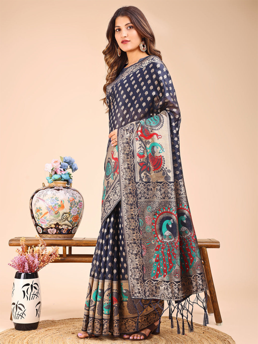 Shree Shyam Fashion Majestic Navy Blue Linen Cotton Saree with Royal Peacock Pallu - A Celebration of Heritage and Grace | Grocsy