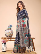 Shree Shyam Fashion Majestic Navy Blue Linen Cotton Saree with Royal Peacock Pallu - A Celebration of Heritage and Grace | Grocsy