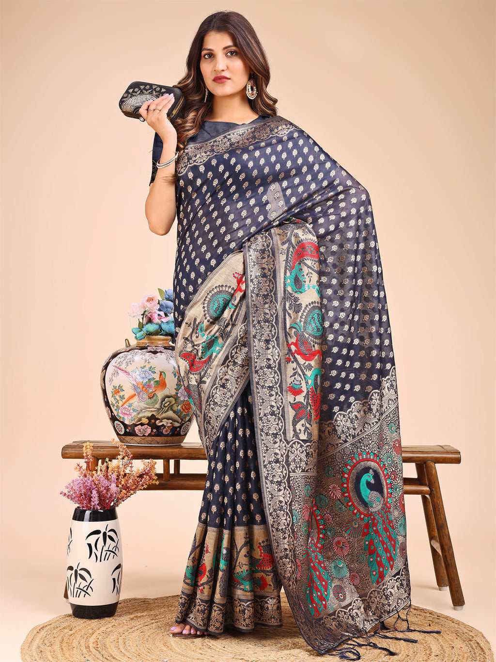 Shree Shyam Fashion Majestic Navy Blue Linen Cotton Saree with Royal Peacock Pallu - A Celebration of Heritage and Grace | Grocsy