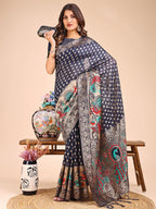 Shree Shyam Fashion Majestic Navy Blue Linen Cotton Saree with Royal Peacock Pallu - A Celebration of Heritage and Grace | Grocsy