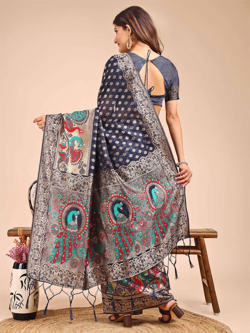 Shree Shyam Fashion Majestic Navy Blue Linen Cotton Saree with Royal Peacock Pallu - A Celebration of Heritage and Grace | Grocsy