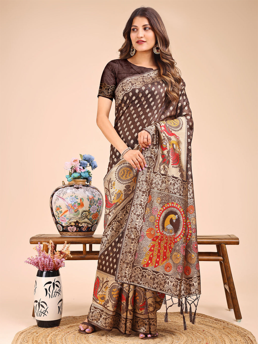 Shree Shyam Fashion Majestic Brown Linen Cotton Saree with Royal Peacock Pallu - A Celebration of Heritage and Grace | Grocsy