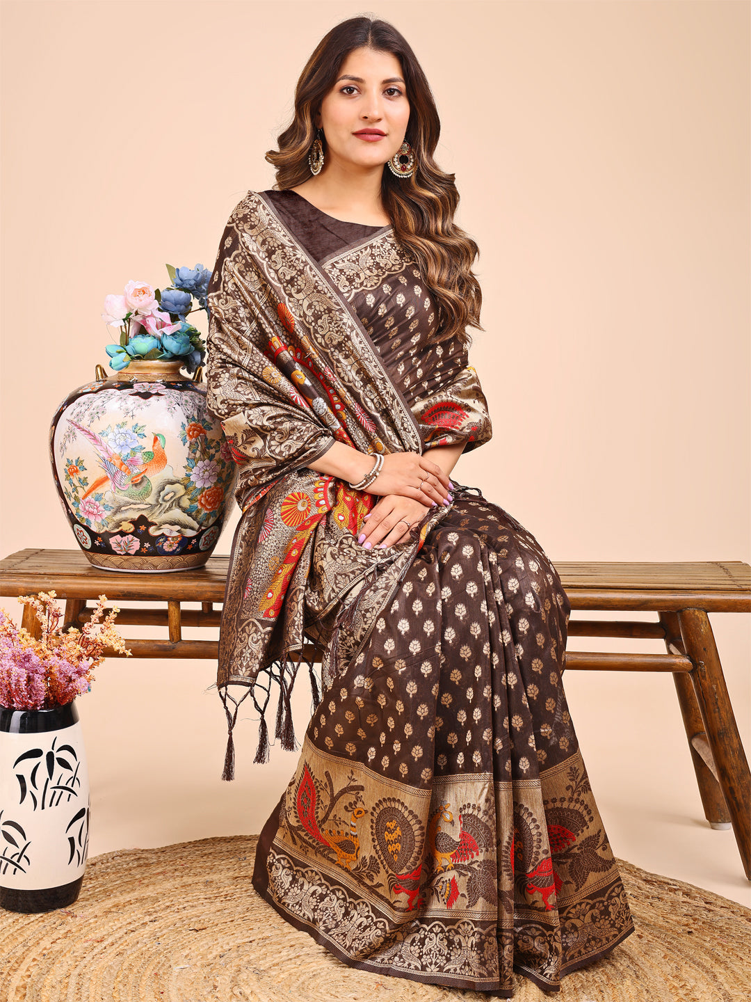 Shree Shyam Fashion Majestic Brown Linen Cotton Saree with Royal Peacock Pallu - A Celebration of Heritage and Grace | Grocsy