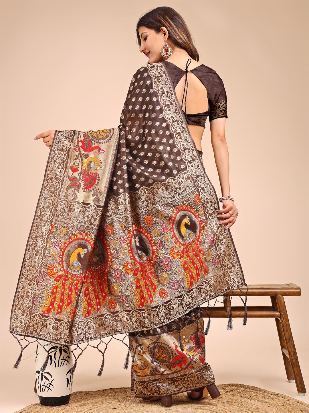 Shree Shyam Fashion Majestic Brown Linen Cotton Saree with Royal Peacock Pallu - A Celebration of Heritage and Grace | Grocsy