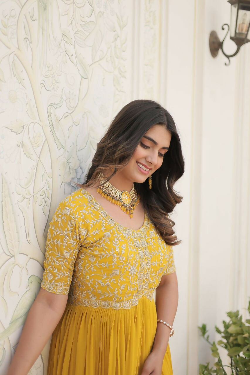 Vastranavya Faux Blooming with Embroidery Zari Sequins-work Gown - Yellow | Grocsy
