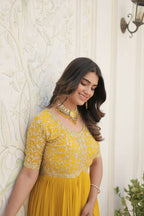 Vastranavya Faux Blooming with Embroidery Zari Sequins-work Gown - Yellow | Grocsy