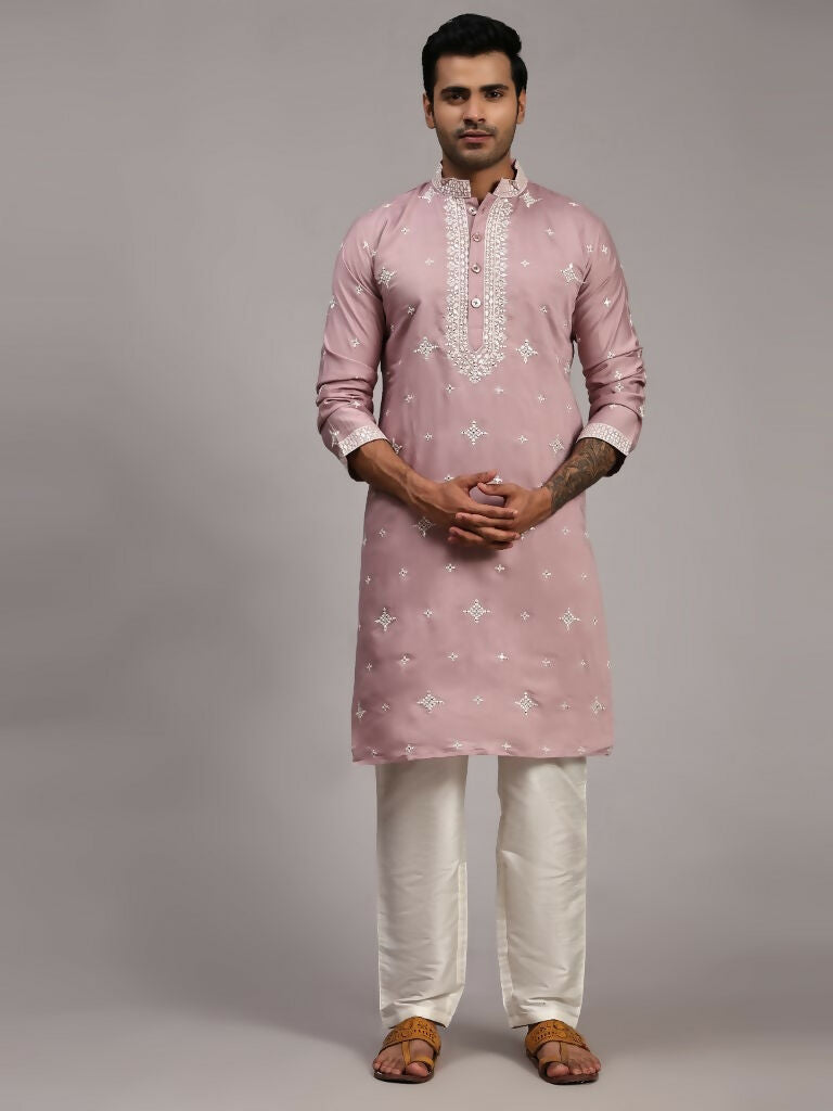 Pink Silk Designer Embroidery Work Men's Rajwadi Kurta Set - Mahotsav | Grocsy