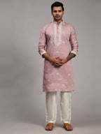 Pink Silk Designer Embroidery Work Men's Rajwadi Kurta Set - Mahotsav | Grocsy
