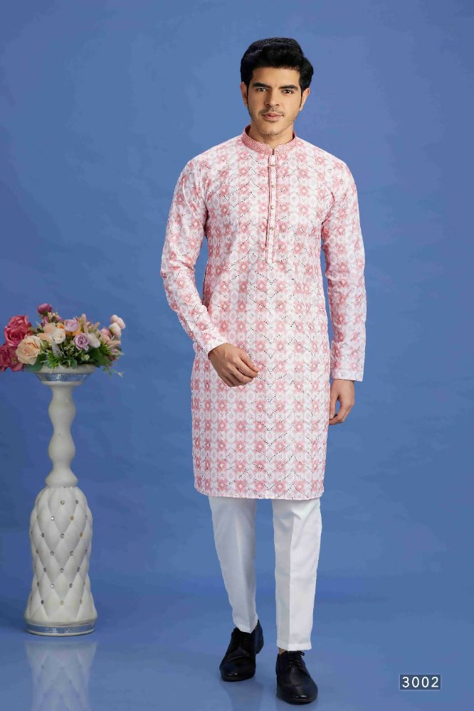 Raivat Ethnic Cotton Embroidery Kurta Pajama In Pink Colour | Grocsy