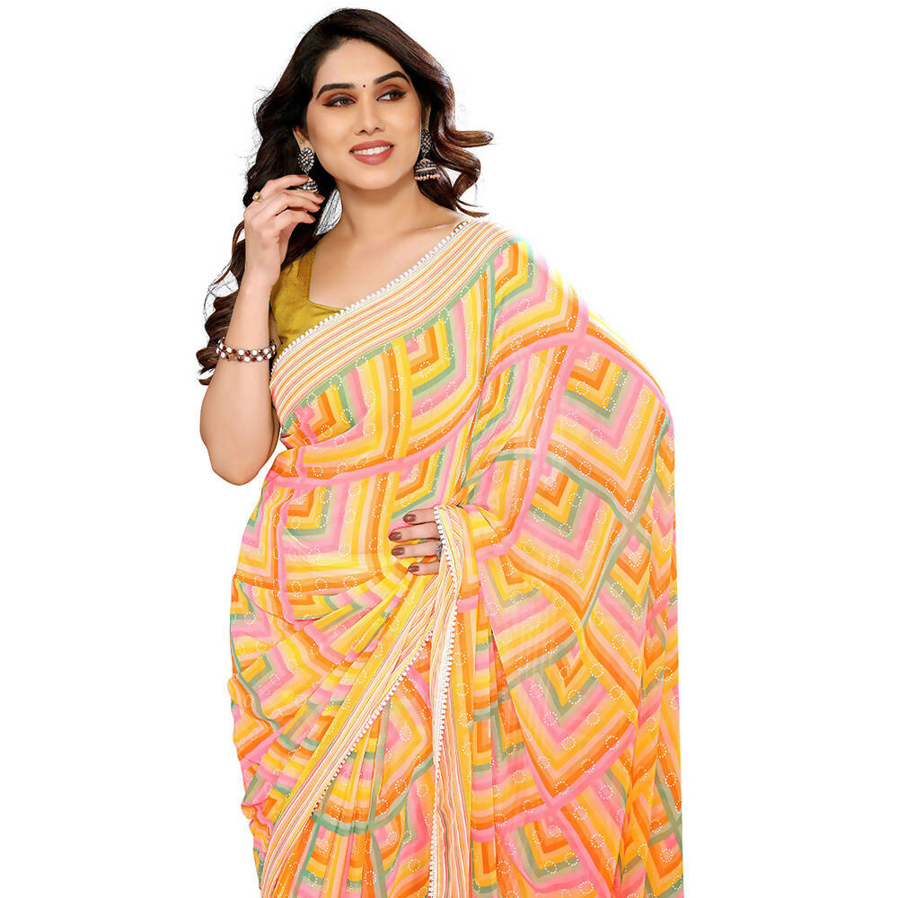 Women's Partywear Designer Yellow Georgette Fancy Saree - Satrangi | Grocsy