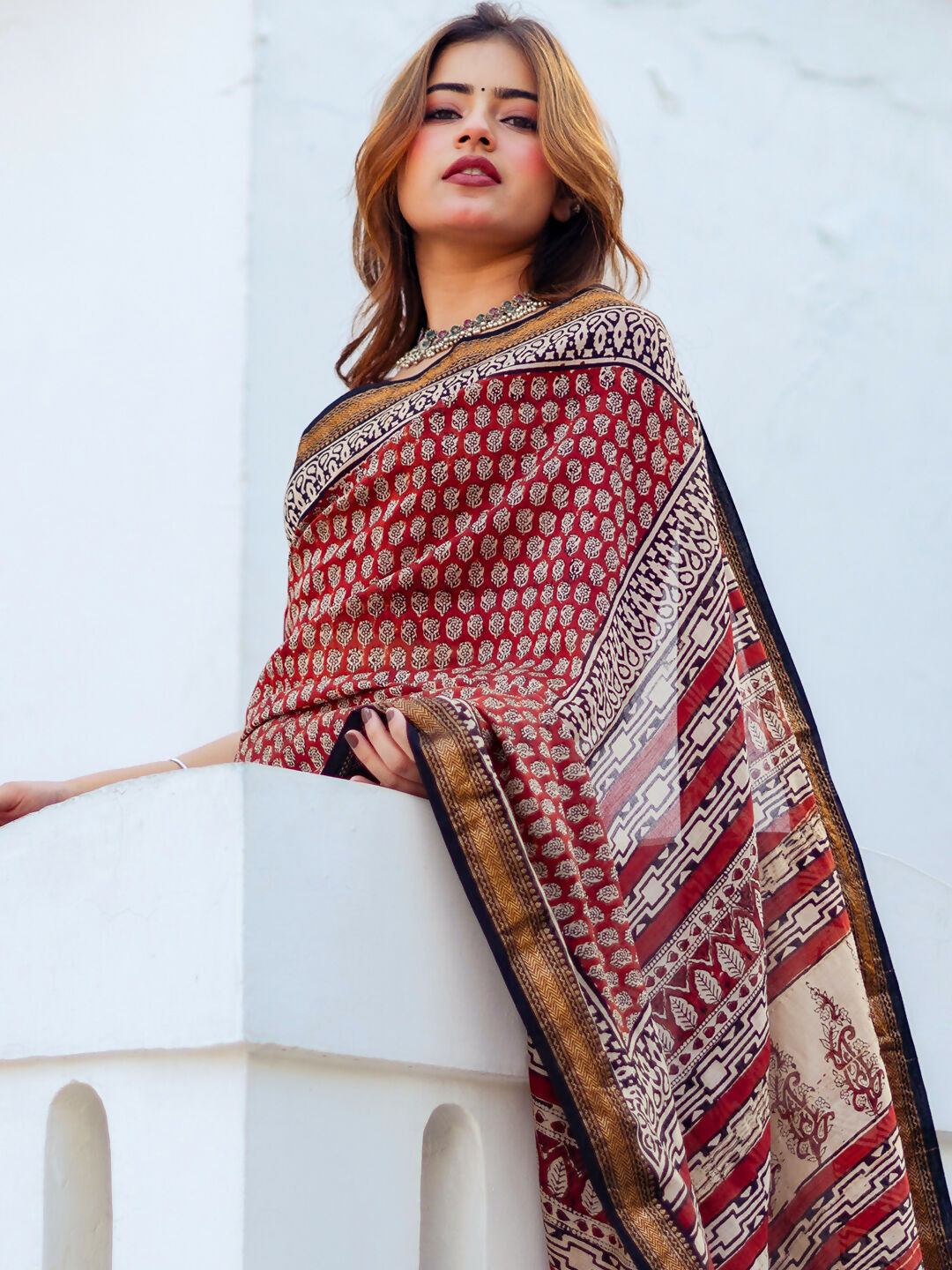 Zibaa Hand-Blocked Pure Maheshwari Silk Red Saree - Small Motifs | Grocsy