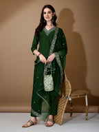 Hand Embroidered Kurta With Pant & Dupatta Premium Luxury, Green - Hiral Fashion | Grocsy