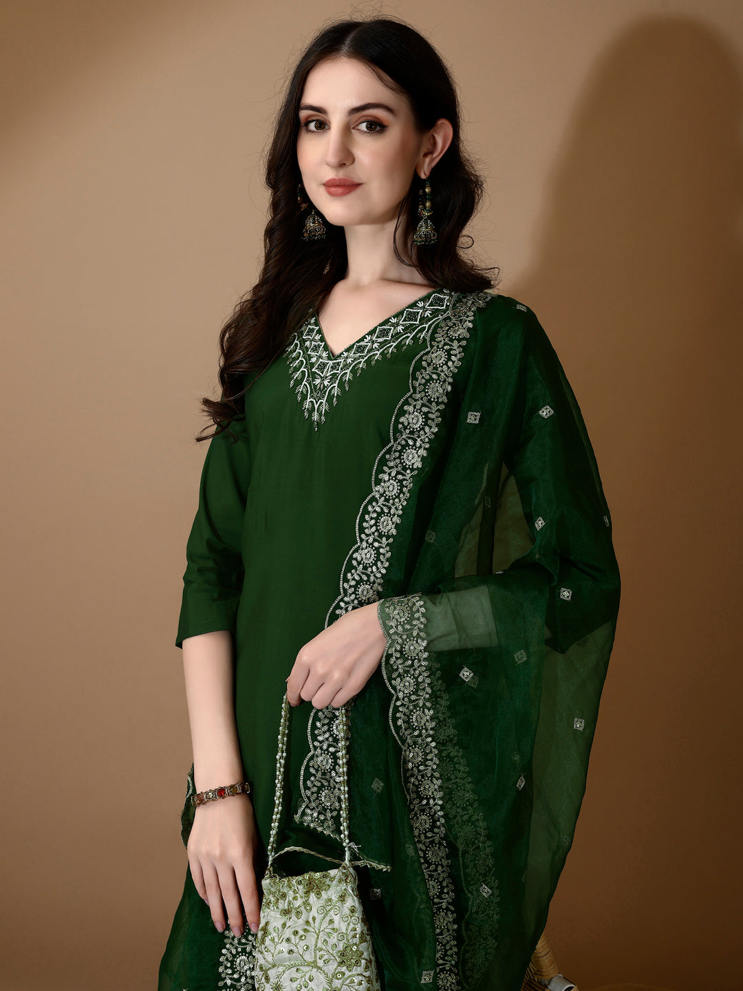 Hand Embroidered Kurta With Pant & Dupatta Premium Luxury, Green - Hiral Fashion | Grocsy