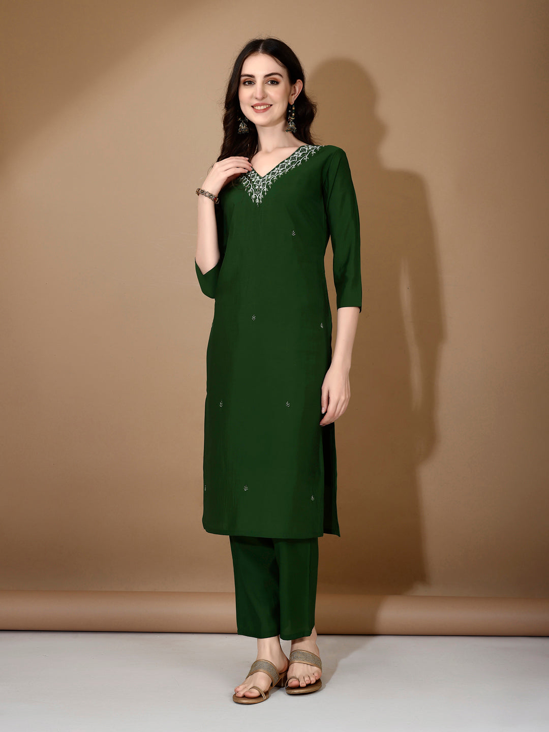 Hand Embroidered Kurta With Pant & Dupatta Premium Luxury, Green - Hiral Fashion | Grocsy