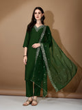 Hand Embroidered Kurta With Pant & Dupatta Premium Luxury, Green - Hiral Fashion | Grocsy